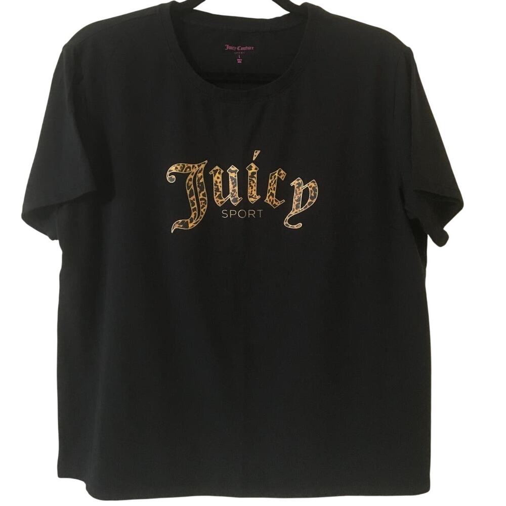 Juicy Couture Sport Large Black Short Sleeve Scoop Neck T-shirt Leopard Print